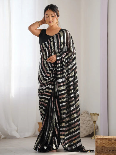 Wonderful Black Sequins Georgette Reception Wear Saree With Blouse